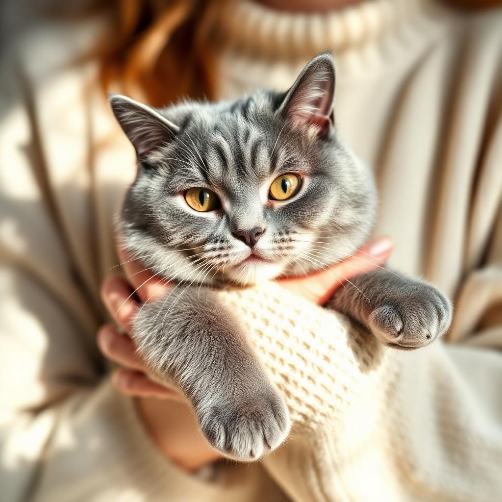 A gray shorthair cat held gently by its owner