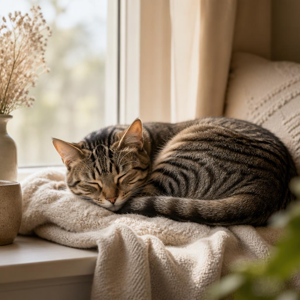 A tabby cat sleeping on a windowsill