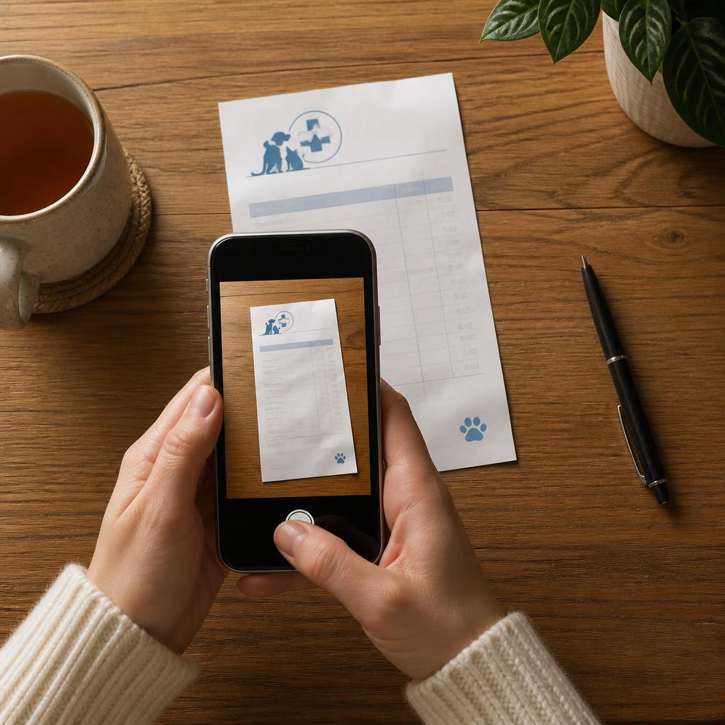 A hand photographing a veterinary receipt with a phone